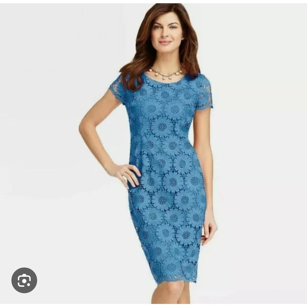 Talbots Dress Womens 2 Blue Sunflower Lace Sheath Short Sleeve Knee Length Zip